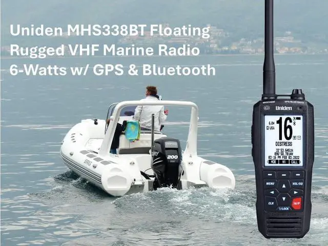 Alt view image 3 of 3 - MHS338BT Floating, Handheld Marine VHF Radio, 6-Watts, GPS and Bluetooth, Submersible IPX8, Emergency Strobe & Flashlight, NOAA Weather Alerts, FM Radio, Chargeing Cradle & Li-ion Battery.
