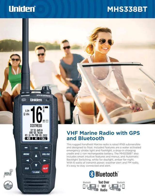 Alt view image 2 of 3 - MHS338BT Floating, Handheld Marine VHF Radio, 6-Watts, GPS and Bluetooth, Submersible IPX8, Emergency Strobe & Flashlight, NOAA Weather Alerts, FM Radio, Chargeing Cradle & Li-ion Battery.