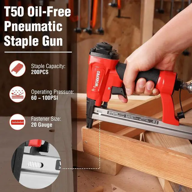 Alt view image 2 of 7 - Pneumatic 20 Gauge Staple Gun, Oil-Free T50 Upholstery Stapler with 1260pcs 1/4" to 5/8" Staples, Extended Magazine, 200-count Staple Capacity, for Carpentry, Woodworking and DIY Projects