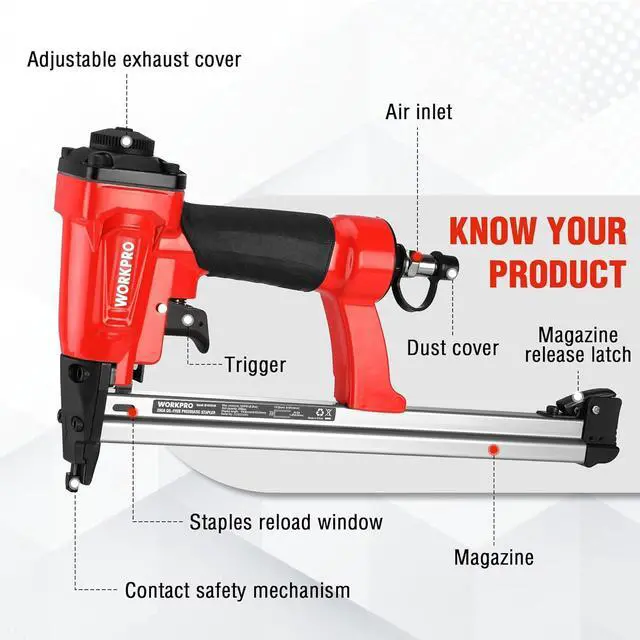 Alt view image 4 of 7 - Pneumatic 20 Gauge Staple Gun, Oil-Free T50 Upholstery Stapler with 1260pcs 1/4" to 5/8" Staples, Extended Magazine, 200-count Staple Capacity, for Carpentry, Woodworking and DIY Projects
