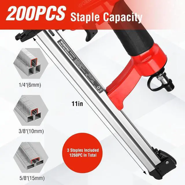 Alt view image 3 of 7 - Pneumatic 20 Gauge Staple Gun, Oil-Free T50 Upholstery Stapler with 1260pcs 1/4" to 5/8" Staples, Extended Magazine, 200-count Staple Capacity, for Carpentry, Woodworking and DIY Projects