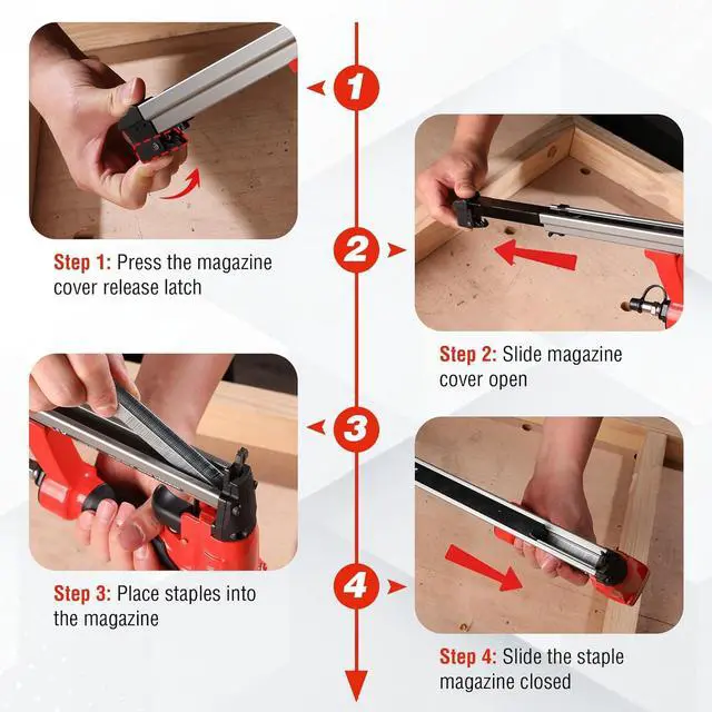 Alt view image 5 of 7 - Pneumatic 20 Gauge Staple Gun, Oil-Free T50 Upholstery Stapler with 1260pcs 1/4" to 5/8" Staples, Extended Magazine, 200-count Staple Capacity, for Carpentry, Woodworking and DIY Projects