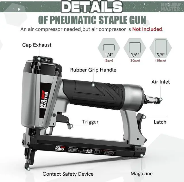 Alt view image 2 of 7 - Pneumatic Staple Gun, 20 Gauge Upholstery Stapler with 1500Pcs T50 1/4", 3/8", 5/8" Staples and BMC Carrying Case, Heavy Duty Staple Gun for Woodworking and DIY Projects