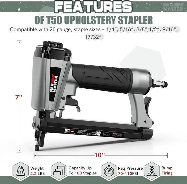 Alt view image 3 of 7 - Pneumatic Staple Gun, 20 Gauge Upholstery Stapler with 1500Pcs T50 1/4", 3/8", 5/8" Staples and BMC Carrying Case, Heavy Duty Staple Gun for Woodworking and DIY Projects