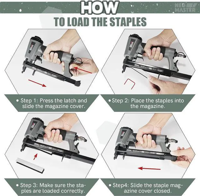 Alt view image 5 of 7 - Pneumatic Staple Gun, 20 Gauge Upholstery Stapler with 1500Pcs T50 1/4", 3/8", 5/8" Staples and BMC Carrying Case, Heavy Duty Staple Gun for Woodworking and DIY Projects