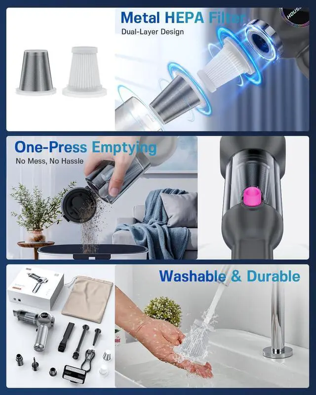 Alt view image 6 of 7 - Handheld Car Vacuum Portable Cordless 25000Pa High Power Small Mini Hand Vacuum Cleaner Rechargeable 4-in-1 Compressed Air Duster Blower Pump Wireless Handheld Vac for Car Office Desktop Home Cleaning