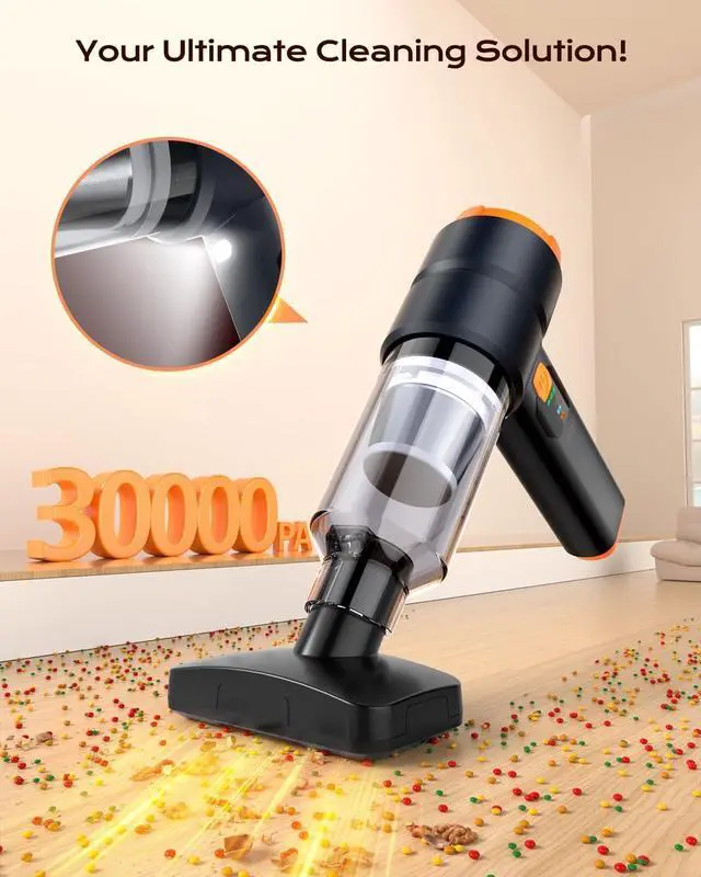 Alt view image 2 of 7 - Car Vacuum Portable Cordless, Handheld Vacuum Cordless with 30000PA Suction, 130000RPM, 6800mAh Battery, 10 Nozzles, Rubber Paint Material for Car, Home, Pet CleaningBlack Orange