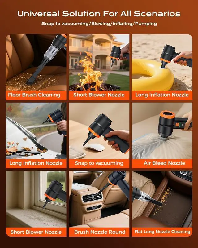 Alt view image 5 of 7 - Car Vacuum Portable Cordless, Handheld Vacuum Cordless with 30000PA Suction, 130000RPM, 6800mAh Battery, 10 Nozzles, Rubber Paint Material for Car, Home, Pet CleaningBlack Orange