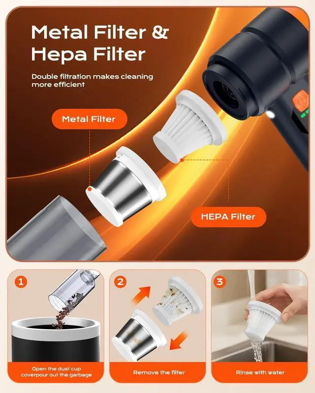 Alt view image 7 of 7 - Car Vacuum Portable Cordless, Handheld Vacuum Cordless with 30000PA Suction, 130000RPM, 6800mAh Battery, 10 Nozzles, Rubber Paint Material for Car, Home, Pet CleaningBlack Orange