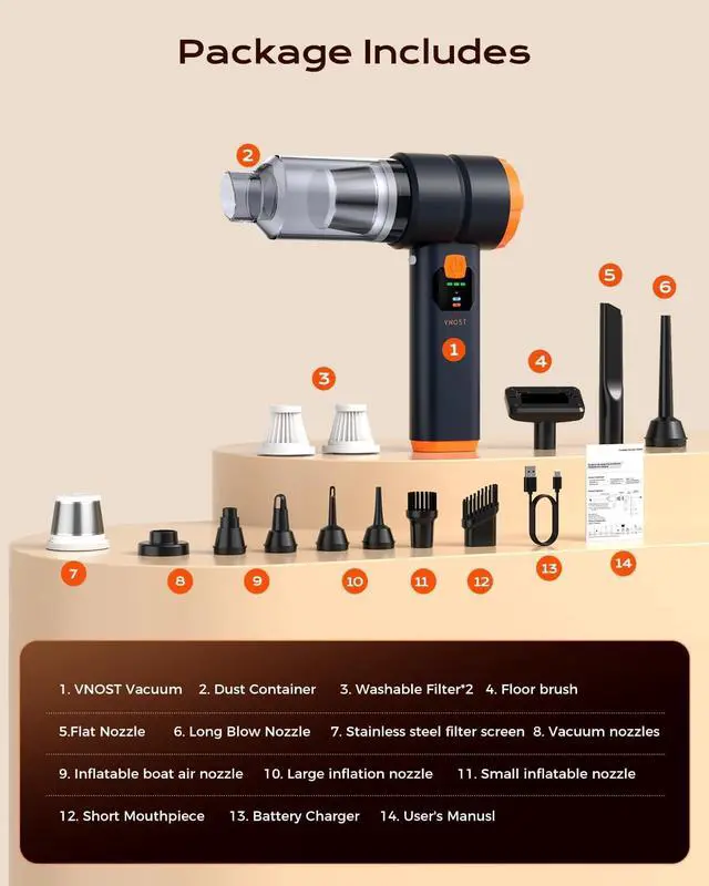 Alt view image 6 of 7 - Car Vacuum Portable Cordless, Handheld Vacuum Cordless with 30000PA Suction, 130000RPM, 6800mAh Battery, 10 Nozzles, Rubber Paint Material for Car, Home, Pet CleaningBlack Orange