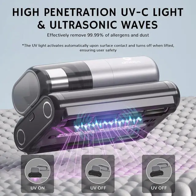 Alt view image 2 of 7 - M1 Mattress Vacuum Cleaner, 6 in 1 Bed Vacuum with High-Frequency Vibration - 80,000 RPM Dual Brushroll Rotation, UV-C Light, 14Kpa Suction, Dust Sensor, Ultrasonic and Heating Tech