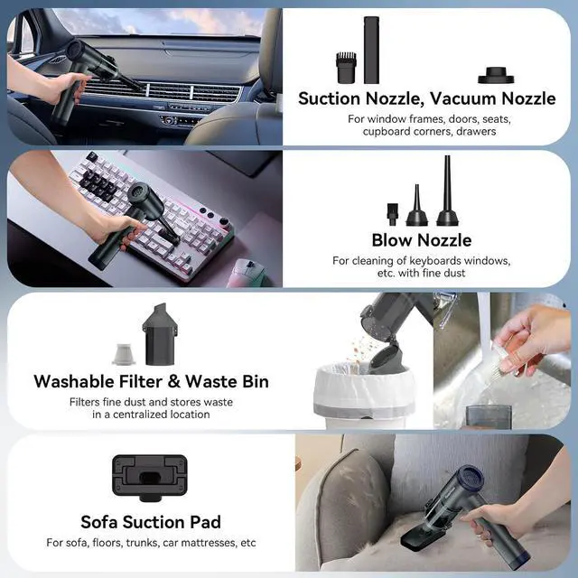 Alt view image 3 of 7 - FOUNFOUN Handheld Vacuum Cordless, Portable Car Vacuum, High Power Cleaner for Pet Hair/Car/Home, Suction & Blow 2 in 1, 17-30 Min Run Time, Small Lightweight Gadget, Type-C Rechargeable