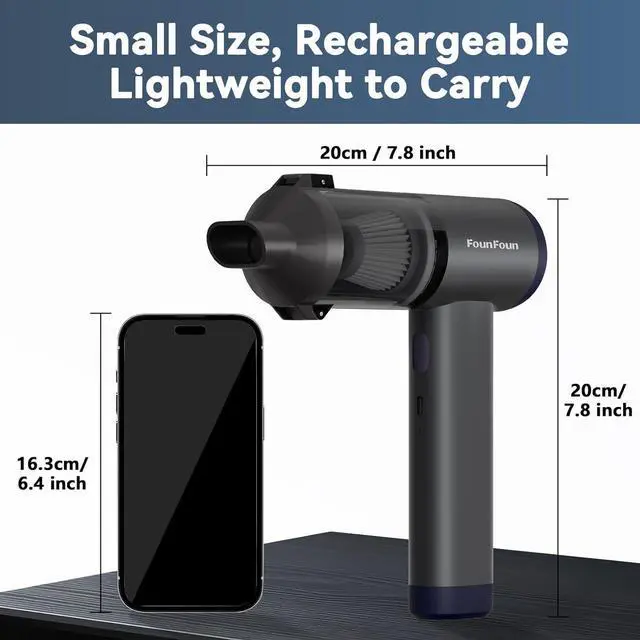 Alt view image 2 of 7 - FOUNFOUN Handheld Vacuum Cordless, Portable Car Vacuum, High Power Cleaner for Pet Hair/Car/Home, Suction & Blow 2 in 1, 17-30 Min Run Time, Small Lightweight Gadget, Type-C Rechargeable