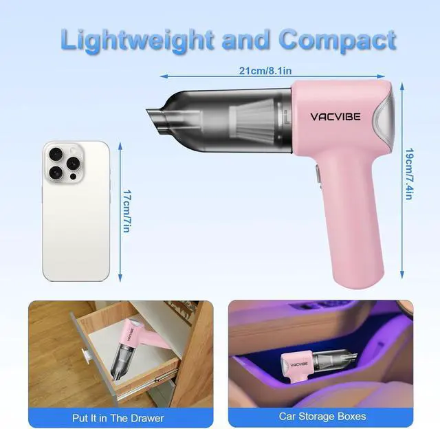Alt view image 2 of 7 - Handheld Car Vacuum Cleaner, 21000PA 4 in 1 Portable Rechargeable Brushless Motor Car Cordless Cleaner, 120W with Multi-Nozzles for Home Office Cleaning, Present for Girl Women Pink