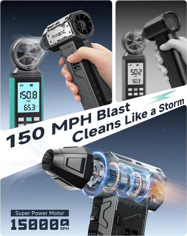 Alt view image 3 of 7 - Electric Air Duster, Ultra-Powerful Compressed Air Duster, 2 x Battery-Pack, 3-Gear Speed, 150,000 RPM BLDC Brushless Motor, for Keyboard, Computer, House, Indoor and Outdoor