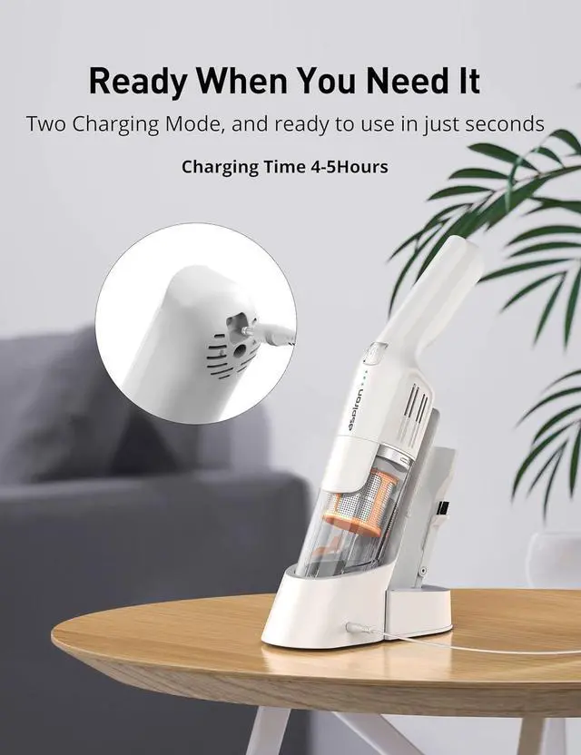 Alt view image 3 of 7 - Cordless Handheld Vacuum, 24KPA Powerful Car Vacuum, Rechargeable, Charging Dock, Ergonomic Handle, 2-in-1 Crevice Tool, 1.8lb Portable Vacuum Cleaner with 2-Speed for Car, Home, White