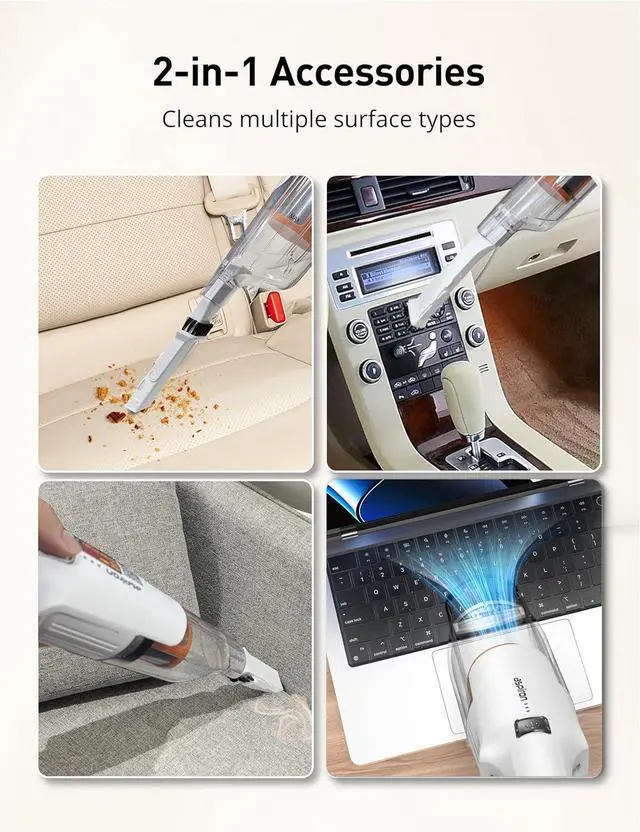 Alt view image 5 of 7 - Cordless Handheld Vacuum, 24KPA Powerful Car Vacuum, Rechargeable, Charging Dock, Ergonomic Handle, 2-in-1 Crevice Tool, 1.8lb Portable Vacuum Cleaner with 2-Speed for Car, Home, White