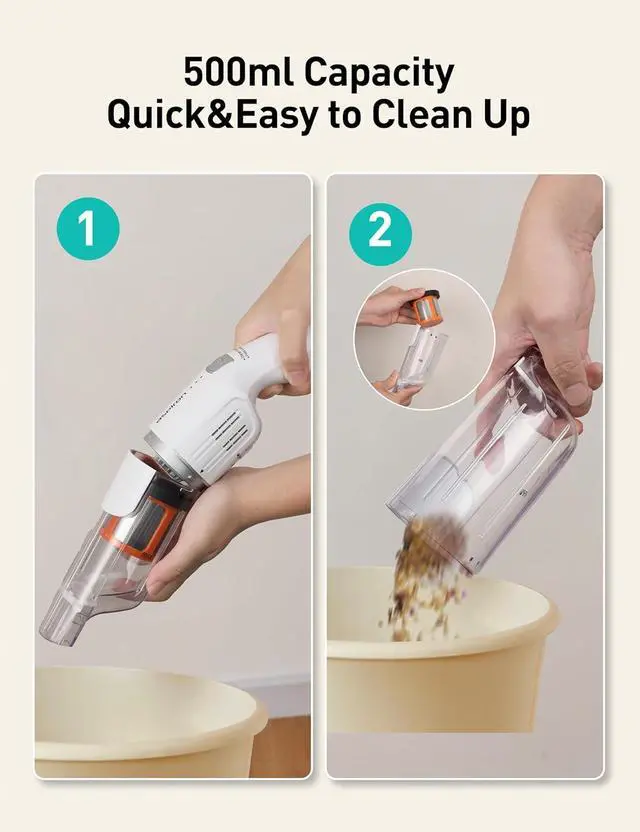 Alt view image 7 of 7 - Cordless Handheld Vacuum, 24KPA Powerful Car Vacuum, Rechargeable, Charging Dock, Ergonomic Handle, 2-in-1 Crevice Tool, 1.8lb Portable Vacuum Cleaner with 2-Speed for Car, Home, White