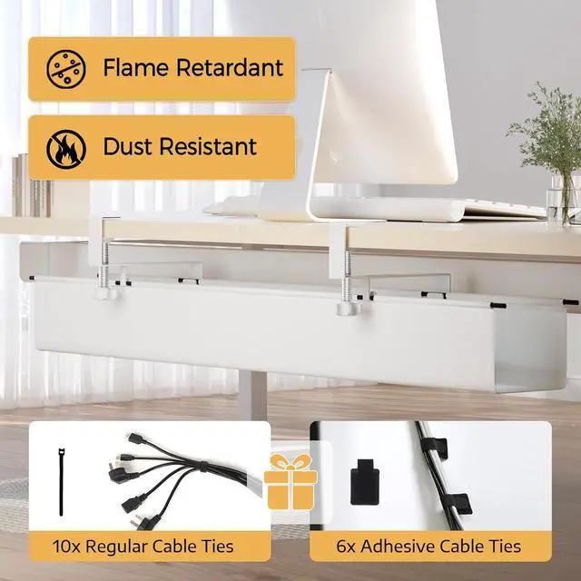 Alt view image 2 of 7 - Under Desk Cable Management Tray 39.7" - No Drill Computer Wire Organizer Cable Tray, Fabric Cord Hider Clamp Mount, with 16X Cable Ties PC Cables Management Cord Holder for Office/Home (White)