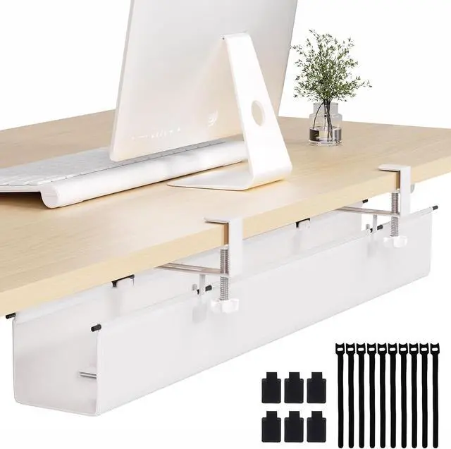 Main image of Under Desk Cable Management Tray 39.7" - No Drill Computer Wire Organizer Cable Tray, Fabric Cord Hider Clamp Mount, with 16X Cable Ties PC Cables Management Cord Holder for Office/Home (White)