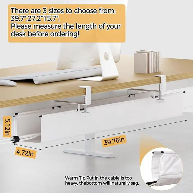 Alt view image 6 of 7 - Under Desk Cable Management Tray 39.7" - No Drill Computer Wire Organizer Cable Tray, Fabric Cord Hider Clamp Mount, with 16X Cable Ties PC Cables Management Cord Holder for Office/Home (White)