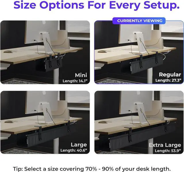 Alt view image 4 of 7 - Original No Drill Under Desk Cable Management Tray 27.3" - Premium Black Fabric Cable Management Under Desk - Clamp/Screw Mount Cord Organizer - Supports Upto 66lbs