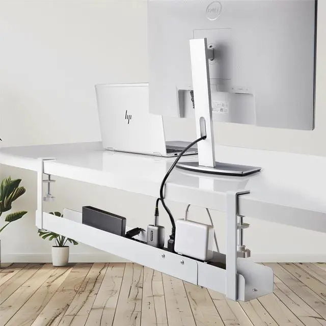 Alt view image 7 of 7 - .com Under Desk Cable Management Tray, Length Adjustable, Clamp-On Installation, No Drilling Required, White