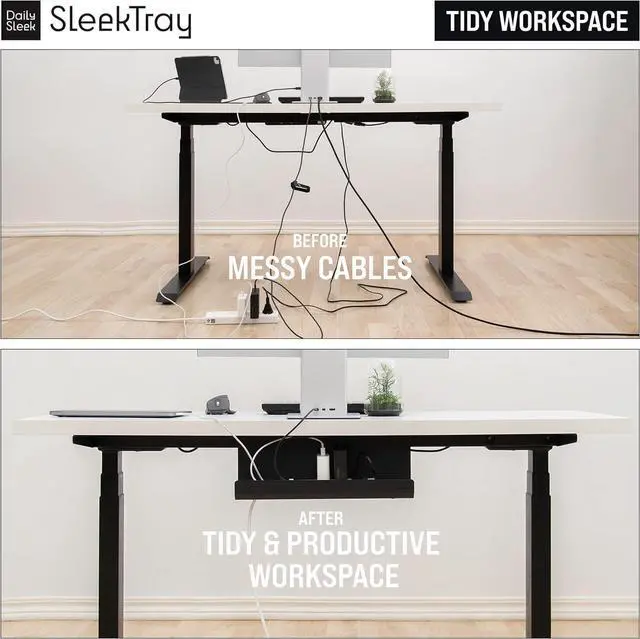 Alt view image 3 of 7 - SleekTray Under Desk Cable Management Tray No Drill Wire Organizer for Standing Desk Large Sturdy Black Steel Rack, Raceway for Cords/Power Strip/Power Bricks | 2-Pack