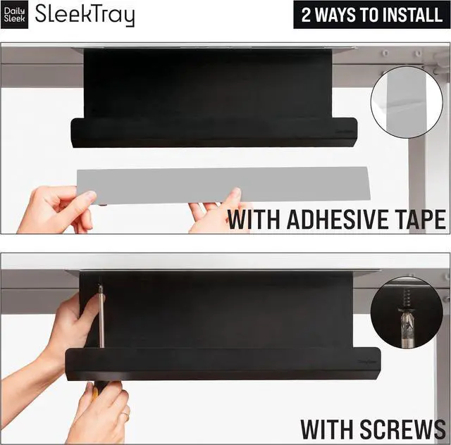 Alt view image 2 of 7 - SleekTray Under Desk Cable Management Tray No Drill Wire Organizer for Standing Desk Large Sturdy Black Steel Rack, Raceway for Cords/Power Strip/Power Bricks | 2-Pack