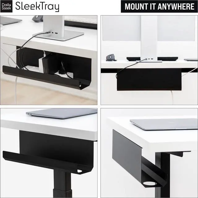 Alt view image 4 of 7 - SleekTray Under Desk Cable Management Tray No Drill Wire Organizer for Standing Desk Large Sturdy Black Steel Rack, Raceway for Cords/Power Strip/Power Bricks | 2-Pack
