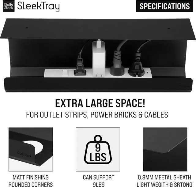 Alt view image 5 of 7 - SleekTray Under Desk Cable Management Tray No Drill Wire Organizer for Standing Desk Large Sturdy Black Steel Rack, Raceway for Cords/Power Strip/Power Bricks | 2-Pack