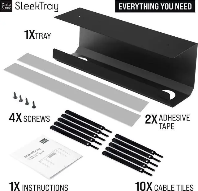 Alt view image 7 of 7 - SleekTray Under Desk Cable Management Tray No Drill Wire Organizer for Standing Desk Large Sturdy Black Steel Rack, Raceway for Cords/Power Strip/Power Bricks | 2-Pack