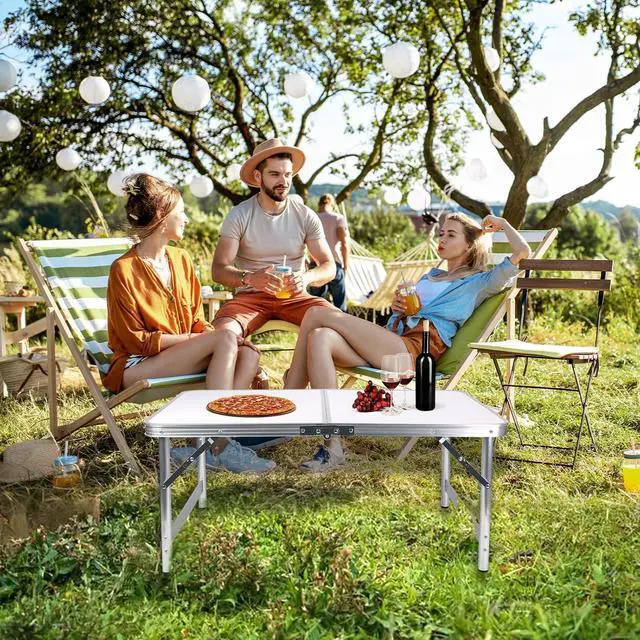 Alt view image 2 of 7 - Folding Camping Table 3 Ft Portable Picnic Table Foldable 2 Height Adjustable Aluminum Camp Table Outdoor for Card BBQ White 35.5×23.6×26 inch