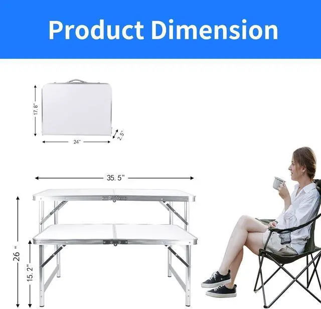 Alt view image 3 of 7 - Folding Camping Table 3 Ft Portable Picnic Table Foldable 2 Height Adjustable Aluminum Camp Table Outdoor for Card BBQ White 35.5×23.6×26 inch