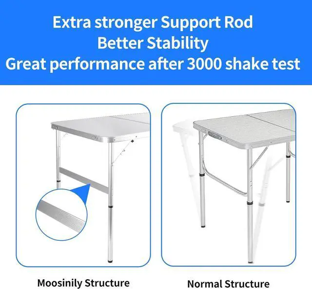 Alt view image 4 of 7 - Folding Camping Table 3 Ft Portable Picnic Table Foldable 2 Height Adjustable Aluminum Camp Table Outdoor for Card BBQ White 35.5×23.6×26 inch