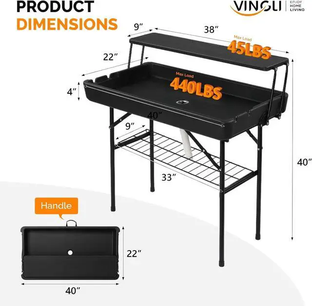 Alt view image 3 of 7 - Portable Cooler Table with Extra Storage Shelf, Alloy Steel, Black, Picetable Model
