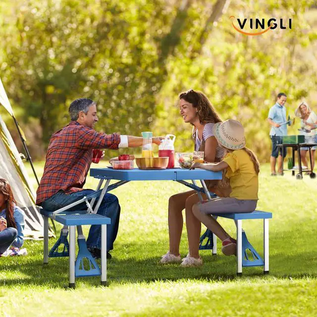 Alt view image 2 of 7 - 4 Ft Camping Picnic Table Set with 4 Seats with Umbrella Hole Folding Lightweight Suitcase Card Table-220 Lbs Support Aluminum Frame, Plastic RV Tabletop for Barbecue,Travel,Outing,Gathering