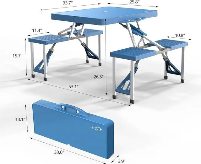 Alt view image 3 of 7 - 4 Ft Camping Picnic Table Set with 4 Seats with Umbrella Hole Folding Lightweight Suitcase Card Table-220 Lbs Support Aluminum Frame, Plastic RV Tabletop for Barbecue,Travel,Outing,Gathering