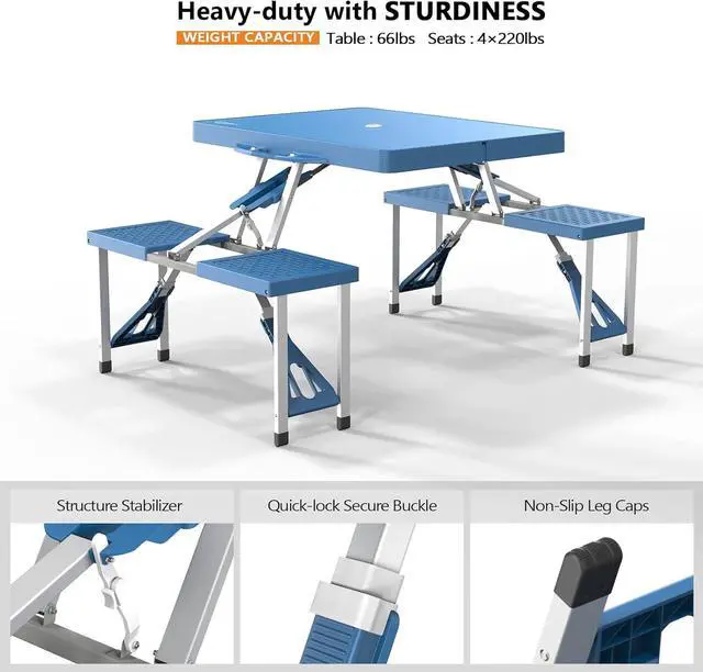 Alt view image 6 of 7 - 4 Ft Camping Picnic Table Set with 4 Seats with Umbrella Hole Folding Lightweight Suitcase Card Table-220 Lbs Support Aluminum Frame, Plastic RV Tabletop for Barbecue,Travel,Outing,Gathering