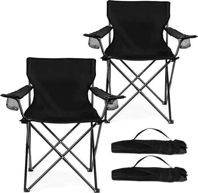 Main image of Foldable Camping Chair Set of 2, Folding Camp Chairs for Adults, Large Portable Lawn Chair for Outdoors Fishing, Hiking, Travel, Picnic, Beach, Supports 275lbs & Include Storage Bags (Black)