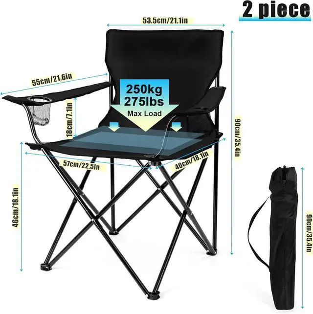 Alt view image 3 of 7 - Foldable Camping Chair Set of 2, Folding Camp Chairs for Adults, Large Portable Lawn Chair for Outdoors Fishing, Hiking, Travel, Picnic, Beach, Supports 275lbs & Include Storage Bags (Black)