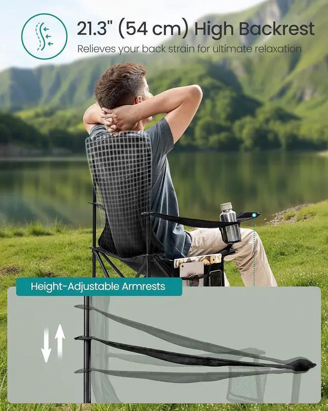 Alt view image 5 of 6 - Breathable Camping Chairs, Foldable Outdoor Chairs Set of 2, High Back, Adjustable Armrests, Drink Holder, Weight Capacity 330 lb, for Sports Garden Backyard, Ink Black UGCB028B02