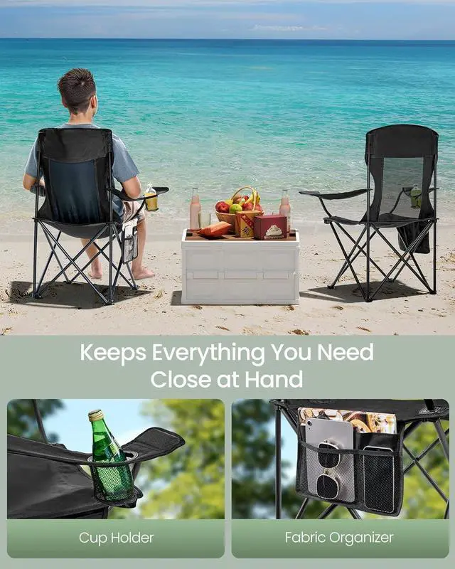 Alt view image 6 of 6 - Breathable Camping Chairs, Foldable Outdoor Chairs Set of 2, High Back, Adjustable Armrests, Drink Holder, Weight Capacity 330 lb, for Sports Garden Backyard, Ink Black UGCB028B02