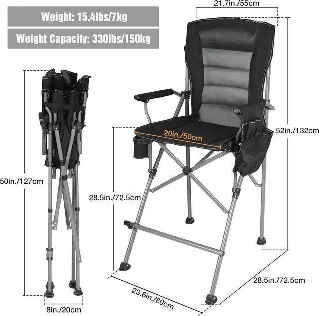 Alt view image 3 of 7 - Extra Tall Folding Chairs for Adults 330lbs, Portable Bar Height Foldable Director Chairs for Camping Outside, Comfortable with Makeup Pocket, High Back and Footrest, Black