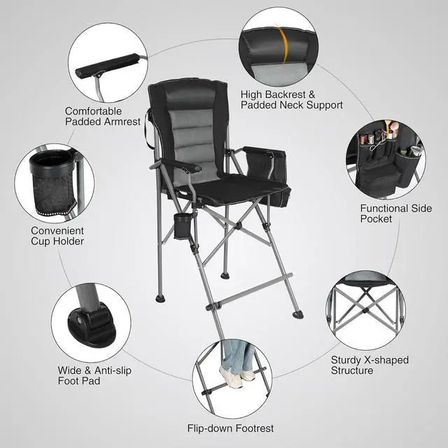 Alt view image 6 of 7 - Extra Tall Folding Chairs for Adults 330lbs, Portable Bar Height Foldable Director Chairs for Camping Outside, Comfortable with Makeup Pocket, High Back and Footrest, Black