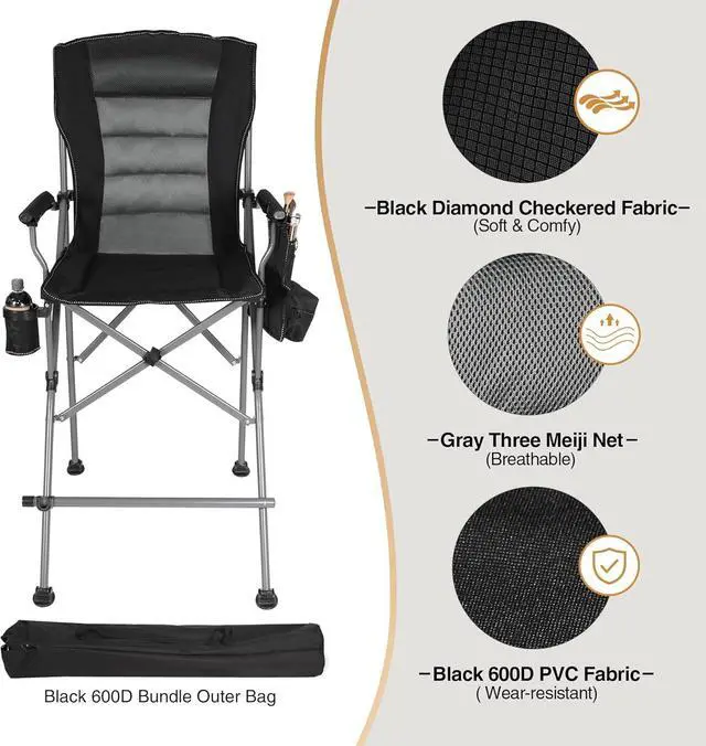 Alt view image 7 of 7 - Extra Tall Folding Chairs for Adults 330lbs, Portable Bar Height Foldable Director Chairs for Camping Outside, Comfortable with Makeup Pocket, High Back and Footrest, Black