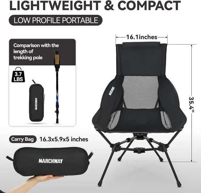 Alt view image 3 of 7 - Lightweight Folding High Back Camping Chair with Head Support, Stable Portable Compact for Outdoor Camp, Travel, Beach, Picnic, Festival, Hiking, Backpacking (Highback Black)