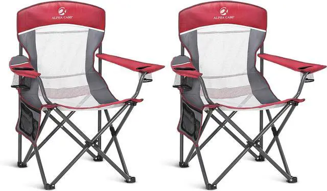Main image of 2PC Oversized Mesh Back Camping Folding Chair Heavy Duty Support 350 LBS Collapsible Steel Frame Quad Chair Padded Arm Chair with Cup Holder Portable for Outdoor (Red-2PC)