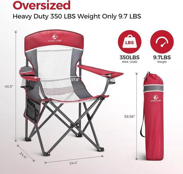 Alt view image 2 of 7 - 2PC Oversized Mesh Back Camping Folding Chair Heavy Duty Support 350 LBS Collapsible Steel Frame Quad Chair Padded Arm Chair with Cup Holder Portable for Outdoor (Red-2PC)