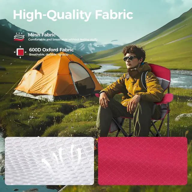 Alt view image 6 of 7 - 2PC Oversized Mesh Back Camping Folding Chair Heavy Duty Support 350 LBS Collapsible Steel Frame Quad Chair Padded Arm Chair with Cup Holder Portable for Outdoor (Red-2PC)